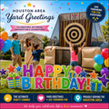 Family enjoying an inflatable axe throwing game with a colorful Houston Area Yard Greetings birthday display