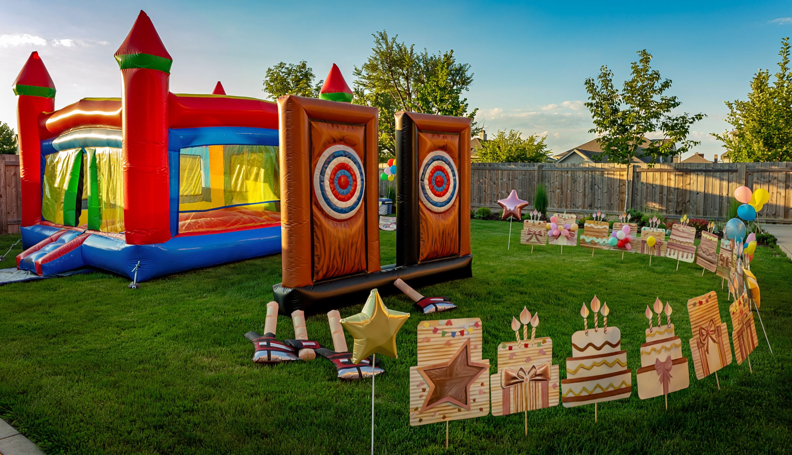 Castle bounce house, inflatable axe throwing game, and yard-card party decorations available for rent in Houston, Texas