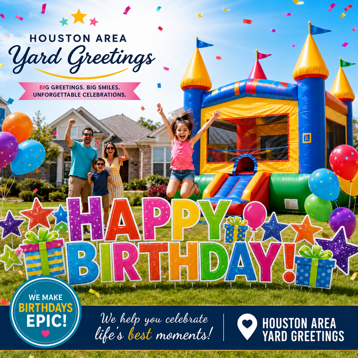 Classic castle bounce house and personalized Happy Birthday yard sign display for a Houston celebration