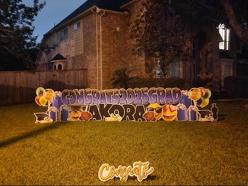 Custom graduation yard sign rental in Pearland TX with large colorful letters and lawn display