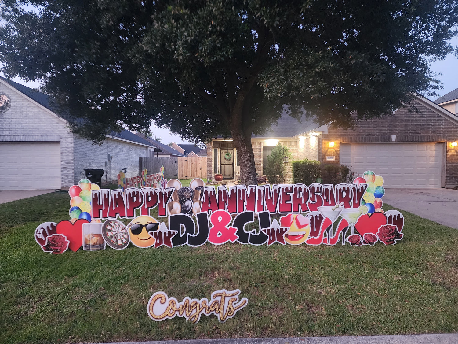Custom Anniversary yard sign rental in Katy TX with large colorful letters and lawn display