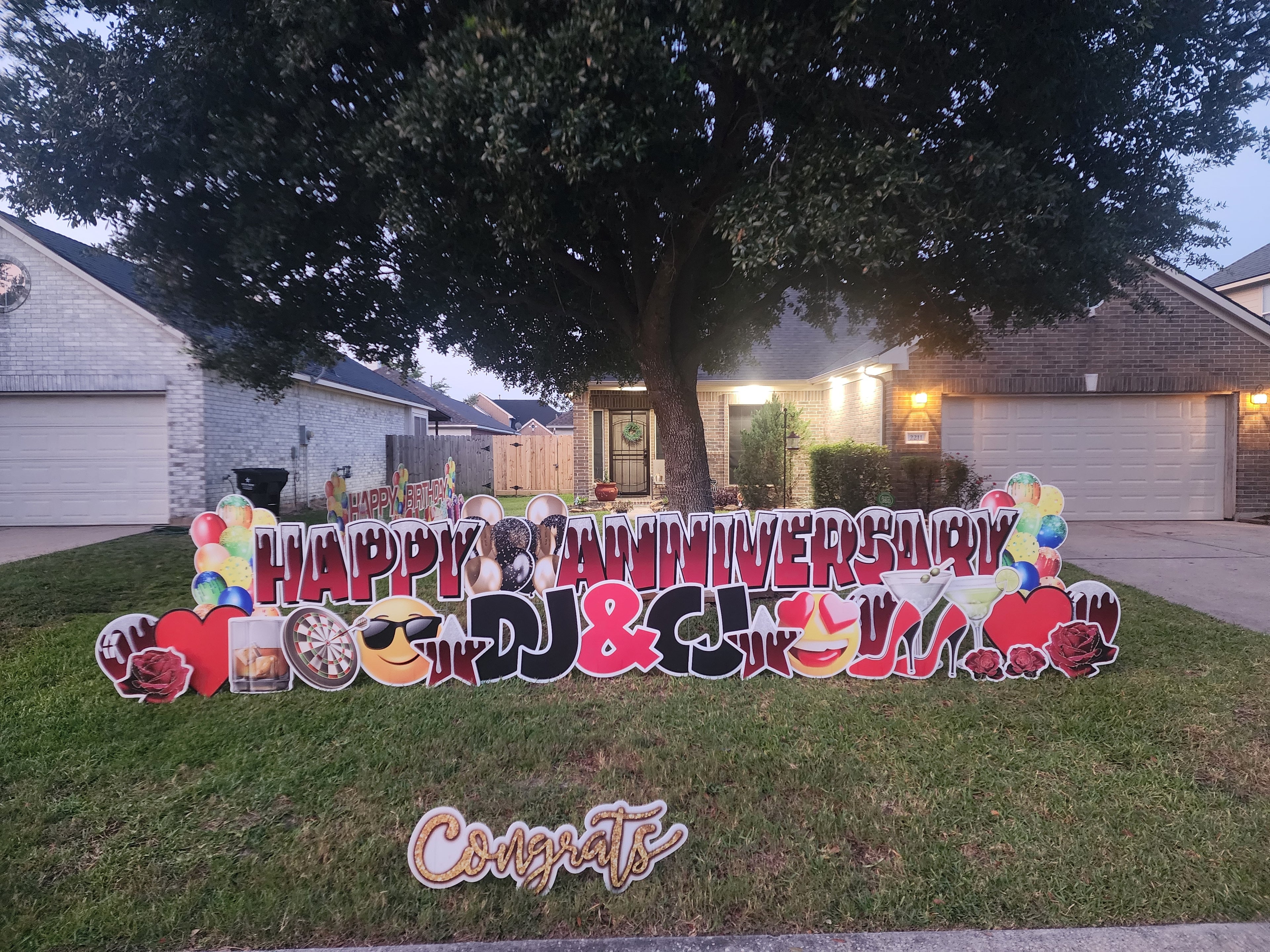 Custom Anniversary yard sign rental in Katy TX with large colorful letters and lawn display