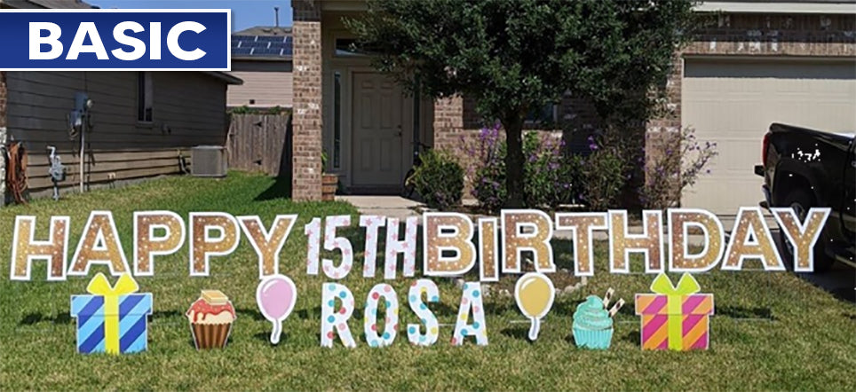 Custom Happy Birthday yard greeting sign rental in Houston TX with large colorful letters and lawn display