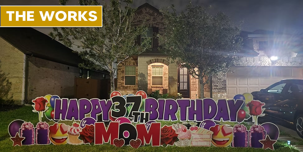 Custom Happy Birthday yard greeting sign rental in Katy TX with large colorful letters and lawn display