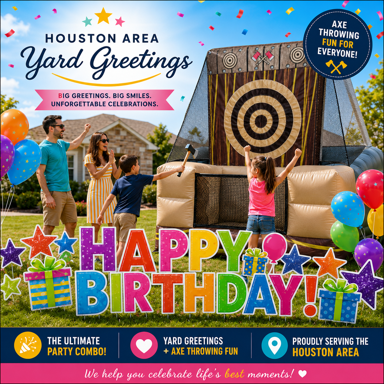 Family enjoying an inflatable axe throwing game with a colorful Houston Area Yard Greetings birthday display